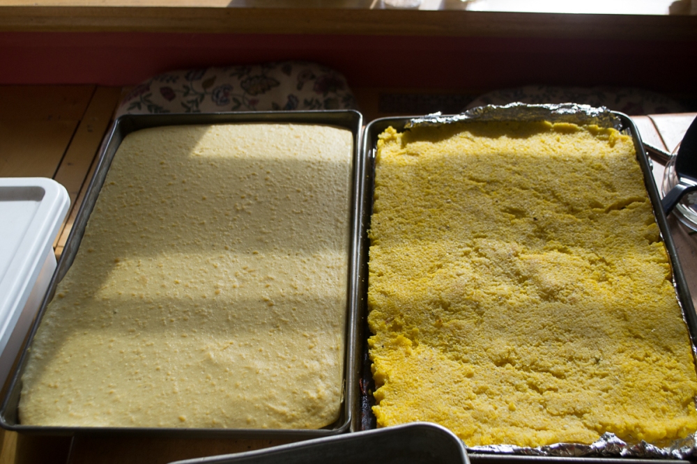 Garbanzo polenta on the left, Cornmeal polenta on the right.