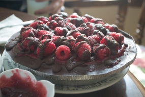 A beautiful raspberry chocolate frozen pie