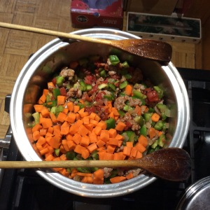 Chopped Veggies Added to Sausage Lentil Soup